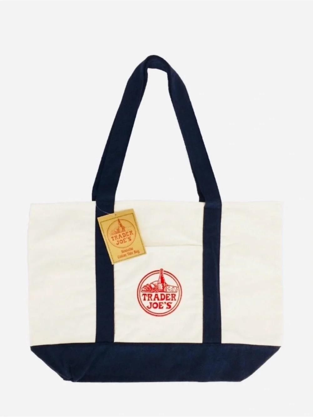 Trader Joe's Large Canvas Tote in cream with navy trim New